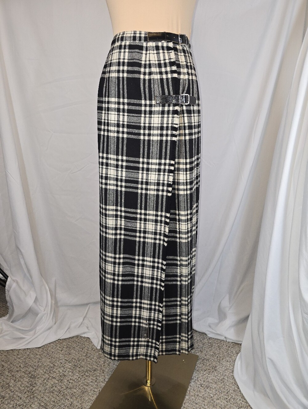 Vintage Plaid Black and White Long Wrap Kilt Skirt